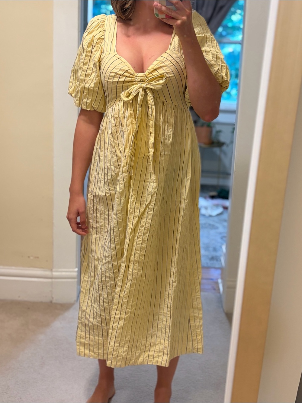 Yellow Striped Puff-Sleeve Dress with Front Tie 100% Cotton